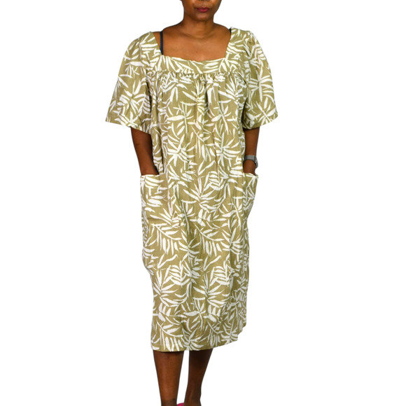 Vintage Patio Dress Tan Vermont Country Store Palm Leaf Muumuu Housedress Large - Picture 12 of 14